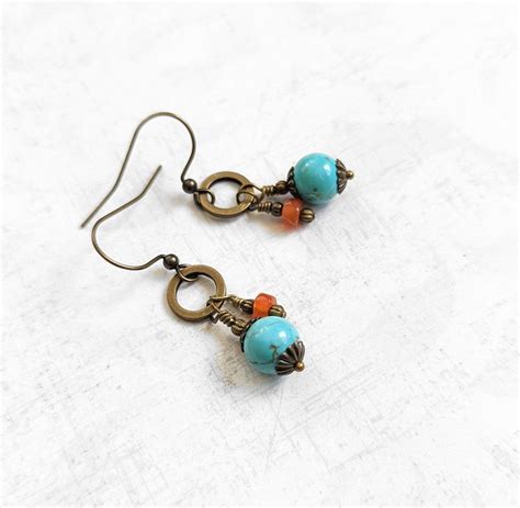 Turquoise Colored Magnesite Carnelian Gemstone Brass Bronze Antiqued