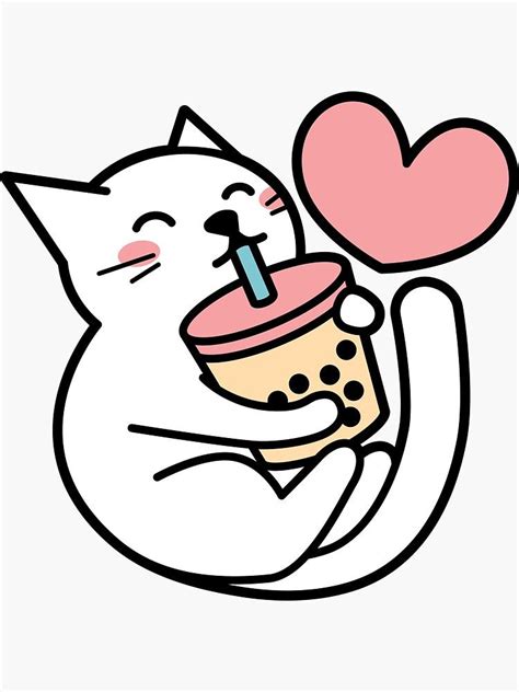 Cute White Cat Sipping Bubble Tea Kawaii Boba Tea Sticker By