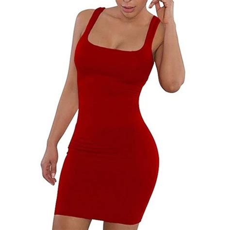 Buy Women Fashion Summer Dress Collect Waist Sleeveless U Neck Dress Solid Color Sexy Slim Dress