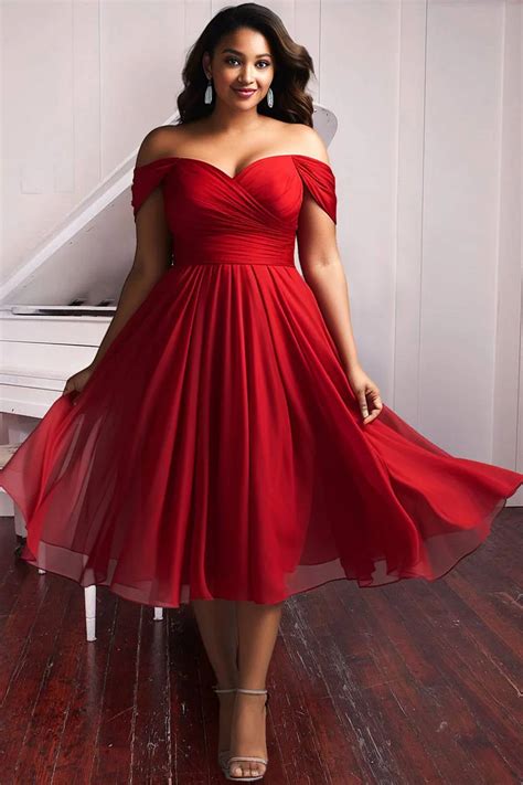Xpluswear Design Plus Size Cocktail Party Midi Dresses Elegant Red Fall Winter Off The Shoulder