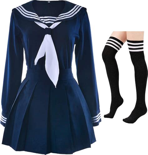 Japanese School Girl Uniform Classic Navy Blue Sailor Suits Pleated Skirt Anime