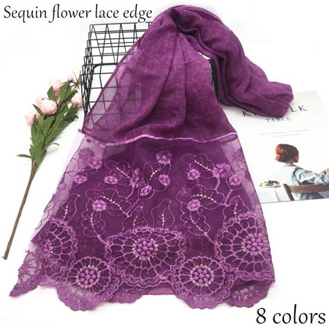 women sequin flower embroidery lace hijab solid color shawls hijabs muslim 8color scarves scarf