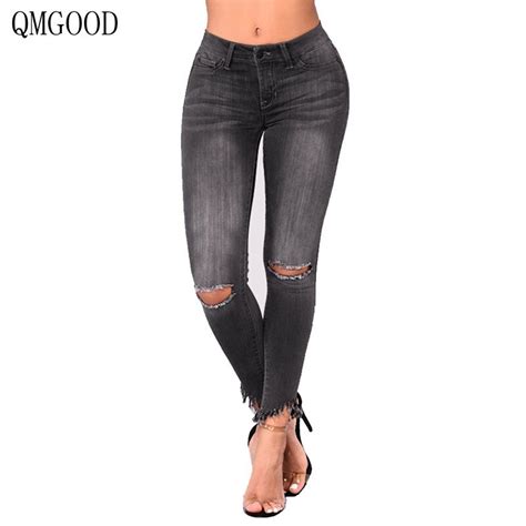qmgood 2018 gray casual slim hole sexy jeans women s high waist large size skinny denim pencil