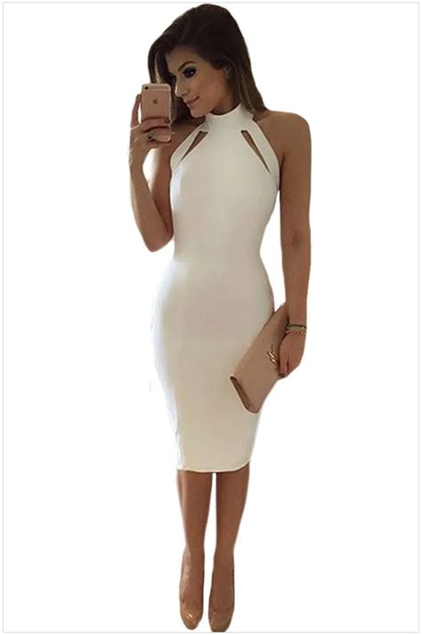 New 2016 Summer Women Casual White Midi Dress Sexy Backless Halter Bandage Bodycon Dress