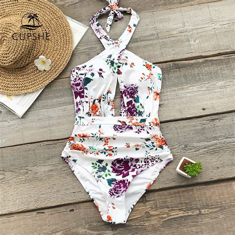 Cupshe Floral Print Ruched Halter One Piece Swimsuit Women Cross Cutout Monokini Swimwear 2019