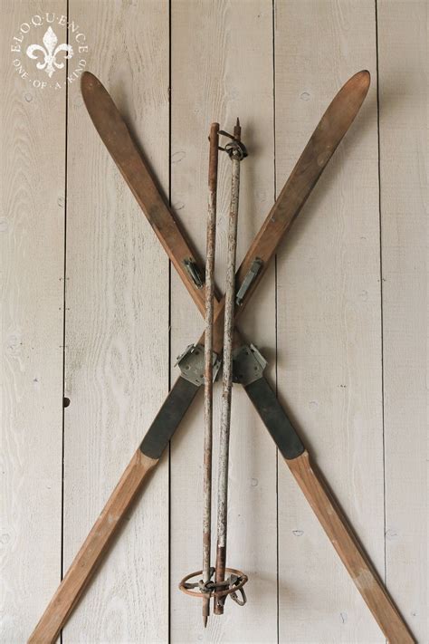 Awesome Pair Of Antique Wooden Skis With Their Original Poles Such A