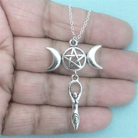 Wiccan Pagan Triple Moon Pentagram With Goddess Silver Charm Necklace
