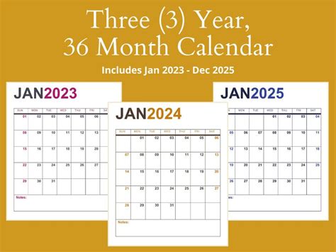 Printable Three Year Calendar 2023 2024 2025 36 Month Etsy