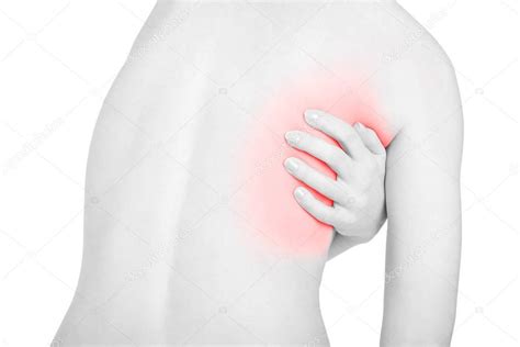 Woman With Shoulder Blade Pain Red Area Isolated On White Clipping