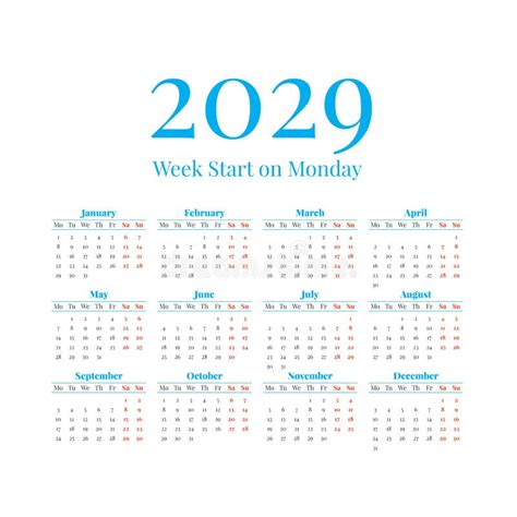 2029 Simple Vector Calendar Weeks Start On Sunday Stock Vector