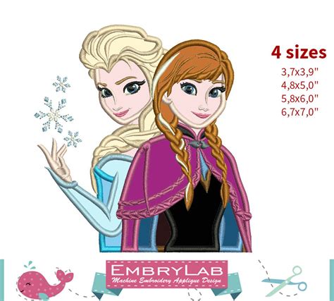 Applique Elsa And Anna Frozen Machine Embroidery Applique Etsy