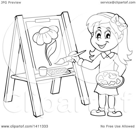 Clipart Of A Cartoon Black And White Lineart Girl Painting A Flower On