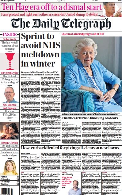 The Daily Telegraph UK Front Page For 8 August 2022 Paperboy Online