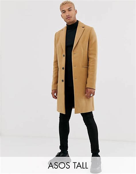 Asos Design Tall Wool Mix Overcoat In Camel Asos