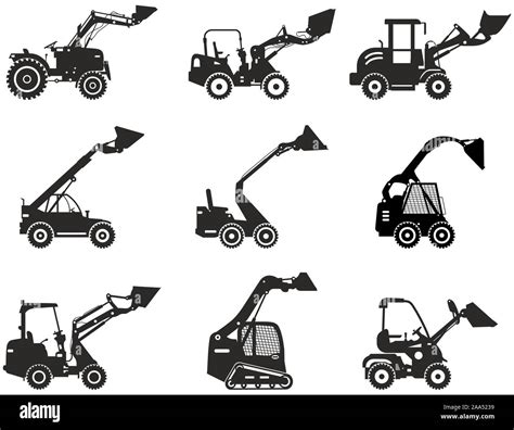 Set Of Skid Steer Loaders Silhouette Of Heavy Construction Equipment