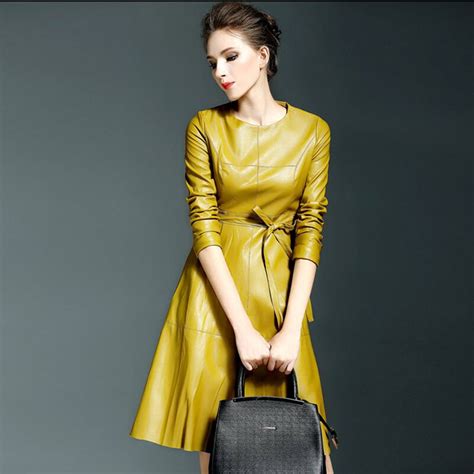 High Quality Fashion Women Faux Leather Dress Autumn Winter Long Sleeve O Neck A Line Female Pu