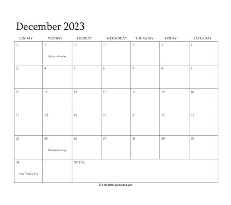 Editable Calendar Template December 2024