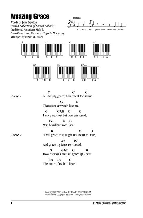 Amazing Grace Piano Chords Lyrics Print Sheet Music Now