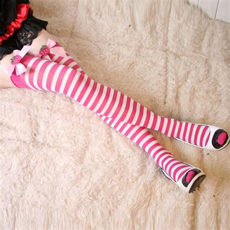 Girls Bow Personality Vintage Candy Over The Knee Stripe Stockings Sexy