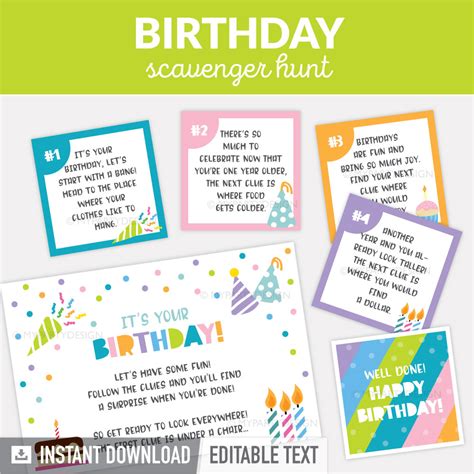 Birthday Scavenger Hunt Clues Printable Editable Pdf My Party Design