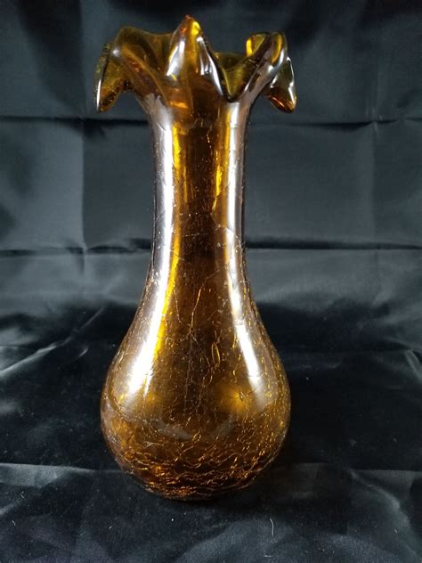 Amber Crackle Glass Vase With Ruffled Rim 9 Tall By Jksarray On Etsy