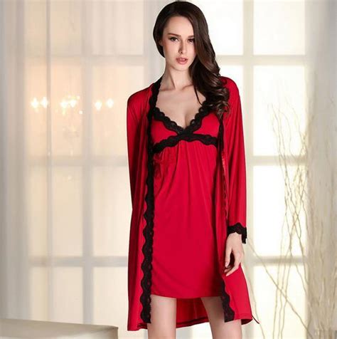 Women Lace Pajama Set Strap Dress Sleepwear Robes Set Twinset Nightwear Black Red Patchwork Full