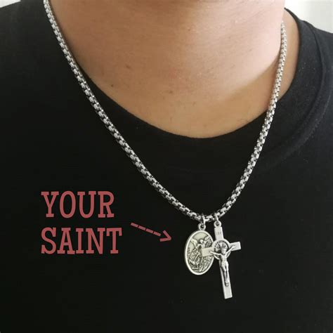 Catholic Cross Chain Necklace Reversible Saint Pendant Men Etsy