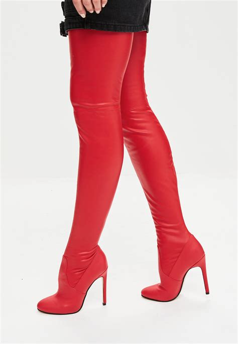 Missguided Red Rounded Toe Thigh High Faux Leather Boots In Red Lyst