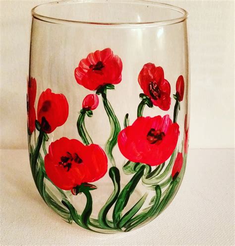 2 Hand Painted Stemless Wine Glasses With Red Etsy