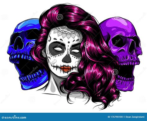 Beautiful Sugar Skull Woman Illustration Day Of Dead Cartoon Vector 66068831