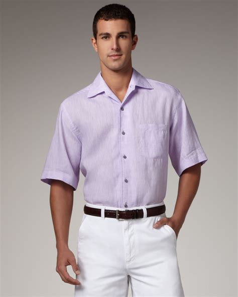 Ermenegildo Zegna Short Sleeve Linen Shirt Lavender In Purple For Men