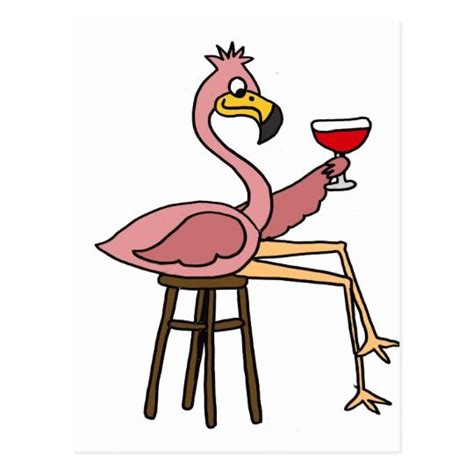 Funny Pink Flamingo Drinking Red Wine Postcard In 2021