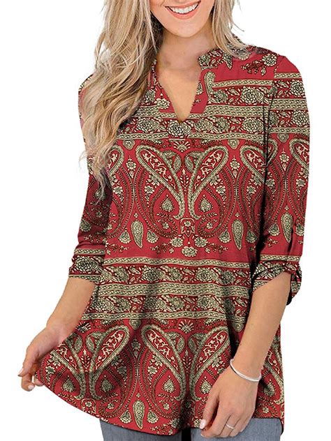 Womens Plus Size 3/4 Roll Sleeve Paisley Tunic Tops V Neck Blouses Shirts for Women | Walmart Canada