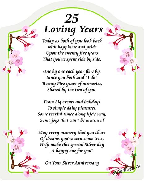 25 Loving Years Silver Anniversary Touching 5x7 Poem With Full Color