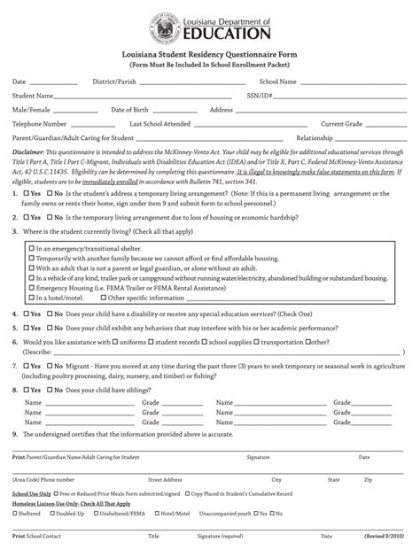 La Student Residency Questionnaire Form 2010 Fill And Sign Printable