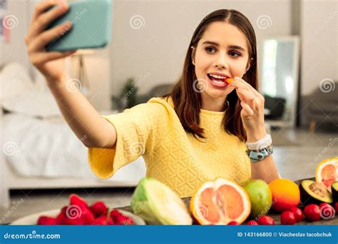 Woman Making A Selfie While Eating Healthy Food Stock Photo Image Of