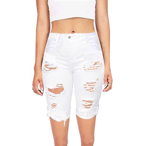 Skylinewears Womens Distressed Ripped Hole Shorts Mid Rise Knee Length