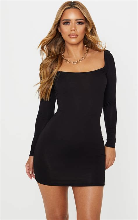 Petite Black Long Sleeve Jersey Mini Dress Prettylittlething Qa
