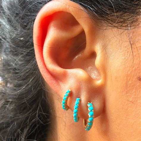 Turquoise K Solid Gold Thick Huggie Hinged Hoop Earrings Etsy