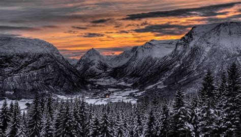 Landscape Nature Winter Sunset Valley Forest Mountains Pine