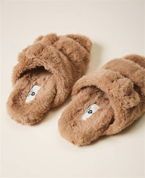 Faux Fur Slippers Woman Brown Twinset Milano