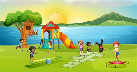 Children Playing In Playground At Sunset 445890 Vector Art At Vecteezy