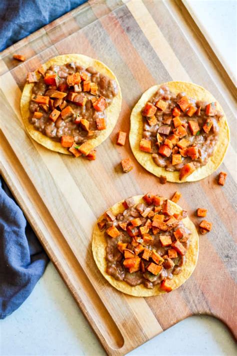 Process Vegan Tostadas With Chili Sweet Potatoes Charro Beans And