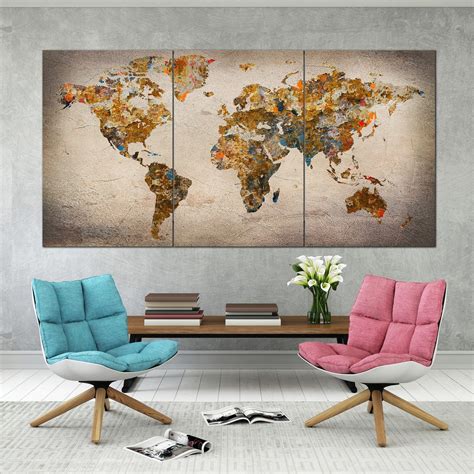 Wall Décor World Map Canvas Art Push Pin World Map Brown Print On Beige