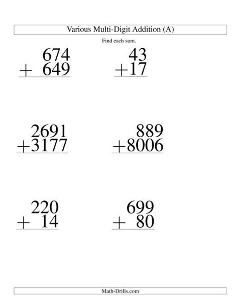 Various Digit Addition From Two To Four Digits Large Print Large