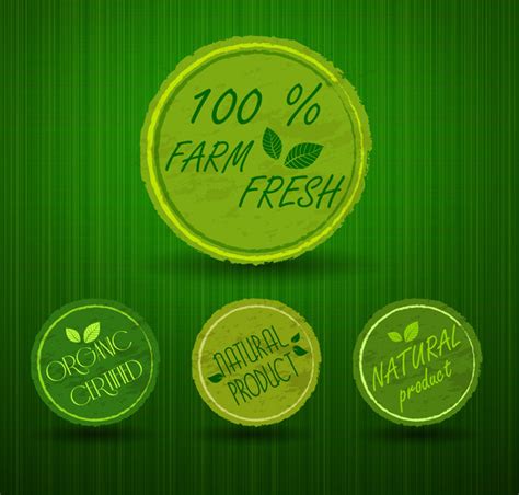 Fresh Product Round Labels Illustration With Green Background Vectors