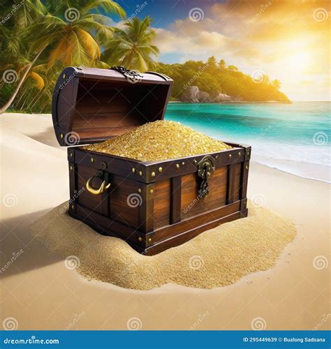 Treasure Chest on Tropical Pirate Riches Hidden in Sand Stock