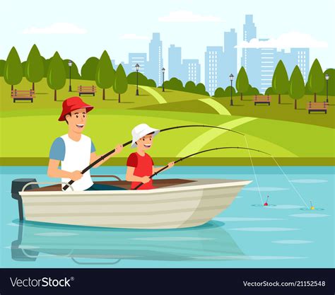 Cartoon Dad And Son Sitting In Boat And Fishing Vector Image