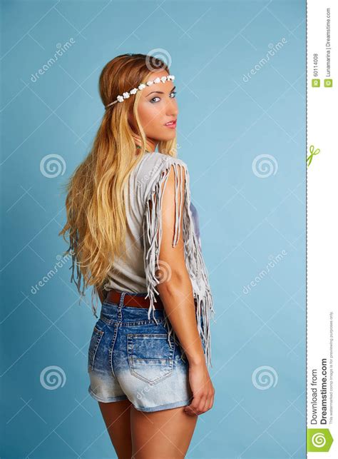 Blond Long Hair Girl With Jeans Shorts Summer Look Stock