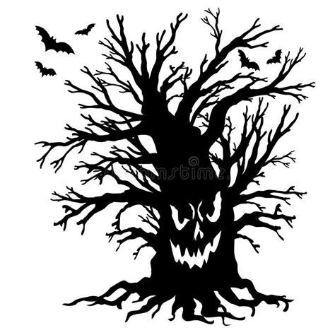 Halloween Tree With Scary Face Halloween Oak Silhouette With Bats